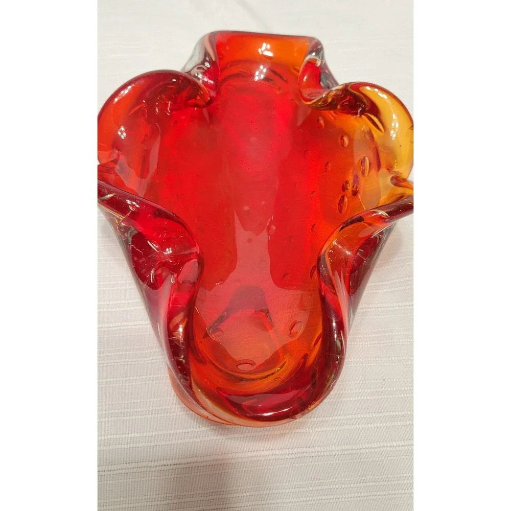Vintage Murano Style Red Amber Art Glass Controlled Bubble Bowl Ashtray MCM